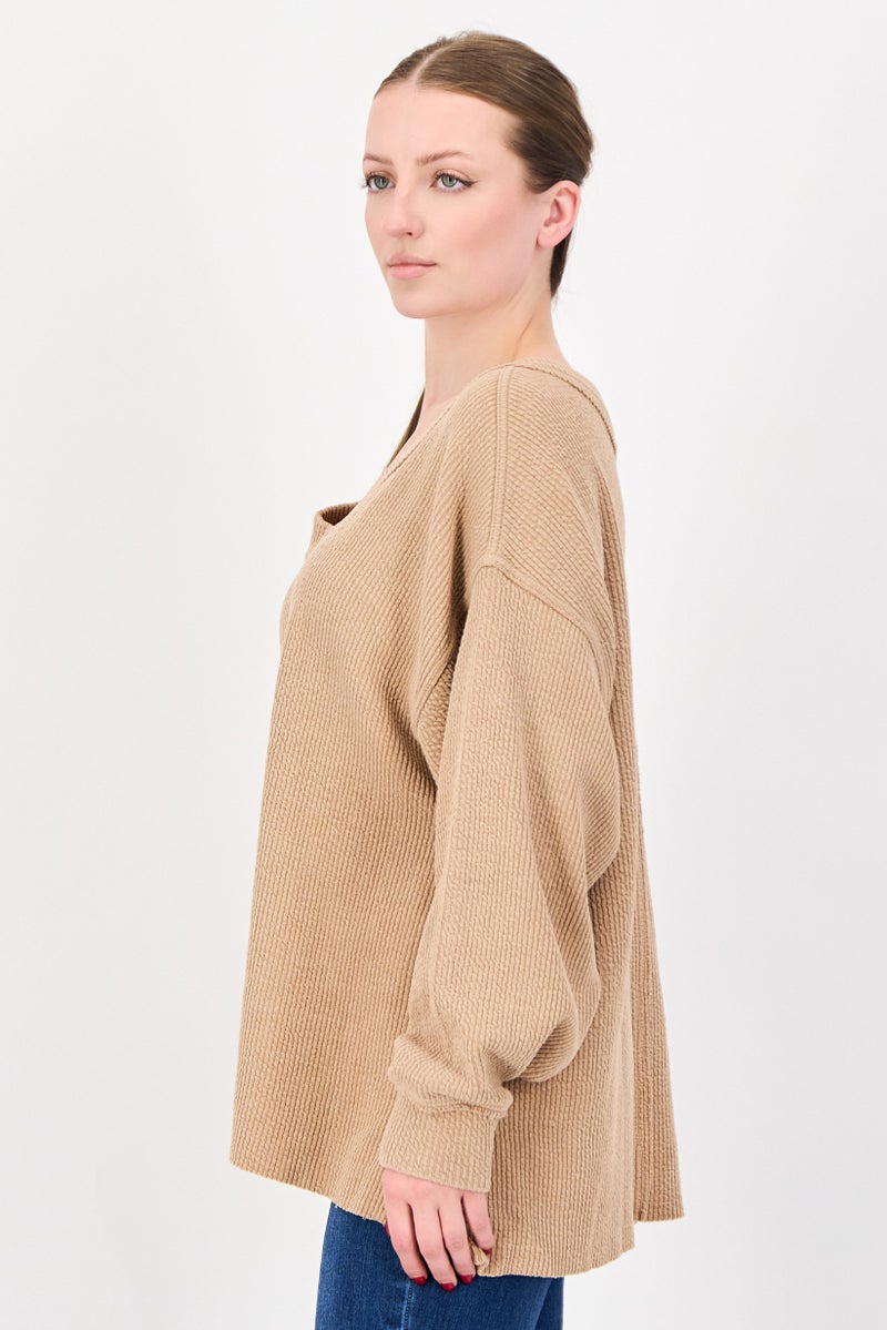 Aerie Women V-Neck Knitted Sweater, Tan - Image 2